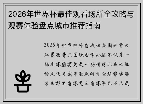 2026年世界杯最佳观看场所全攻略与观赛体验盘点城市推荐指南