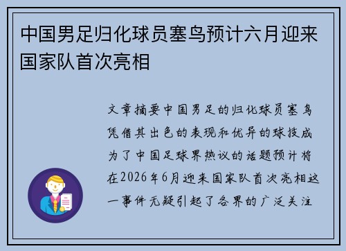 中国男足归化球员塞鸟预计六月迎来国家队首次亮相